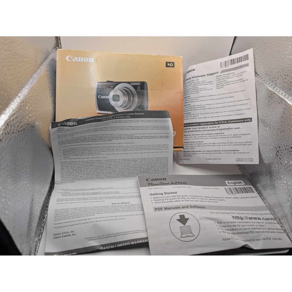 Canon PowerShot A2500 Digital Camera Box and Pictured Manuals ONLY- NO CAMERA